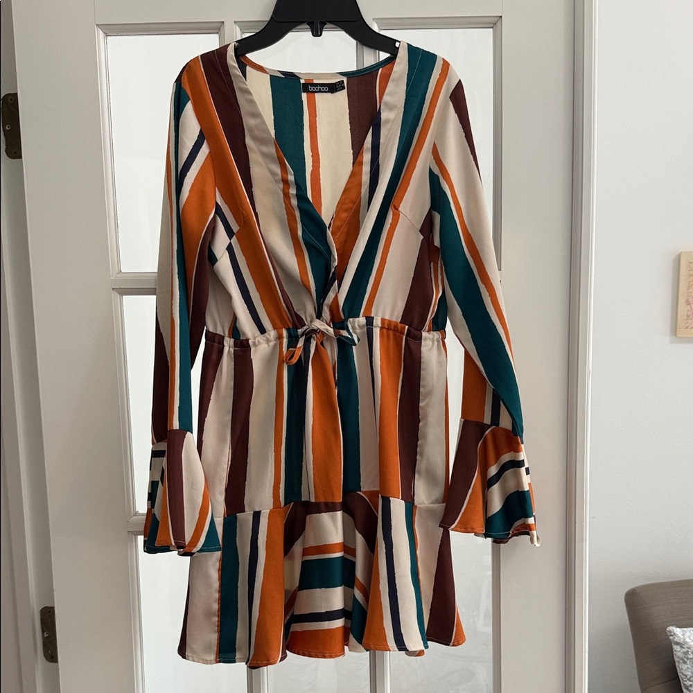 Boohoo Multicolor Striped Tie-Front Dress